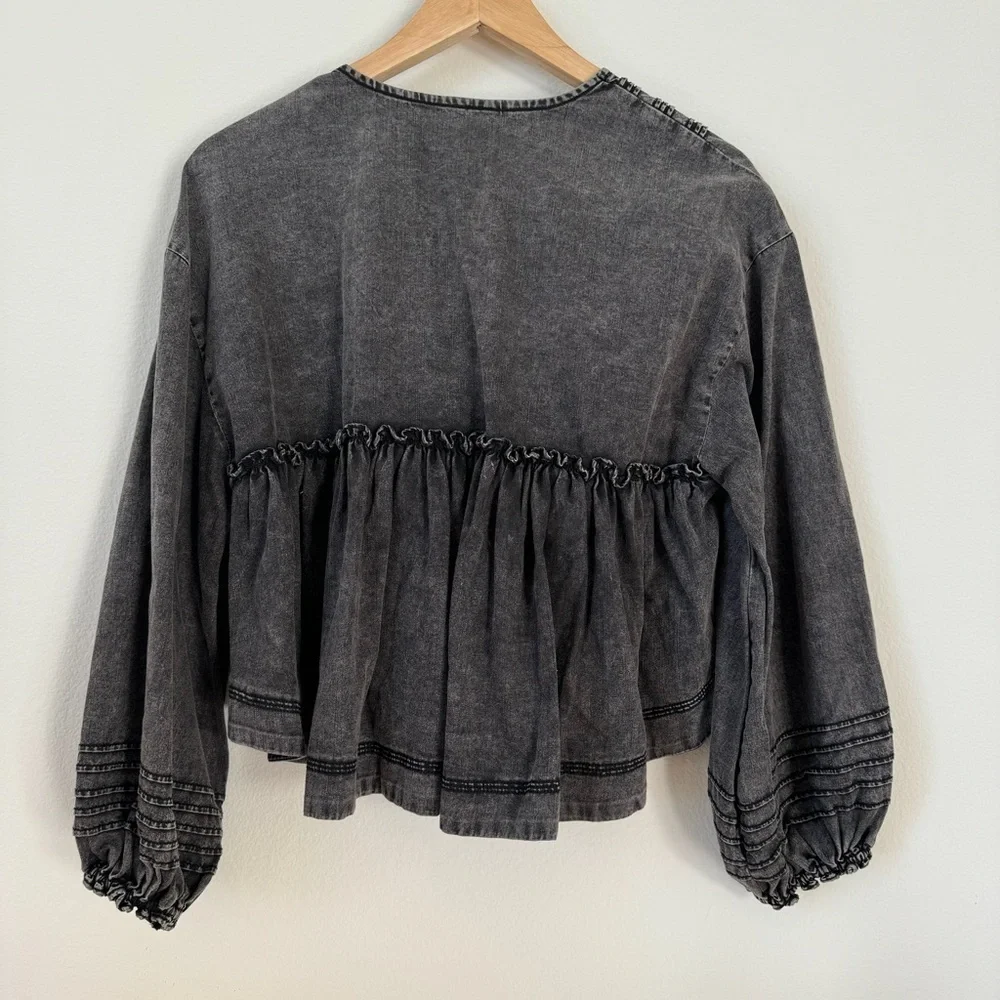 Free People Charlotte Gray Acid Denim Blouse Puff Sleeves XS Boho